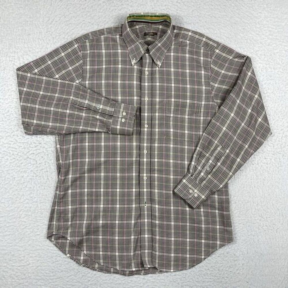 J McLaughlin Shirt Mens Large Brown Beige Plaid Preppy Workwear Casual Office
